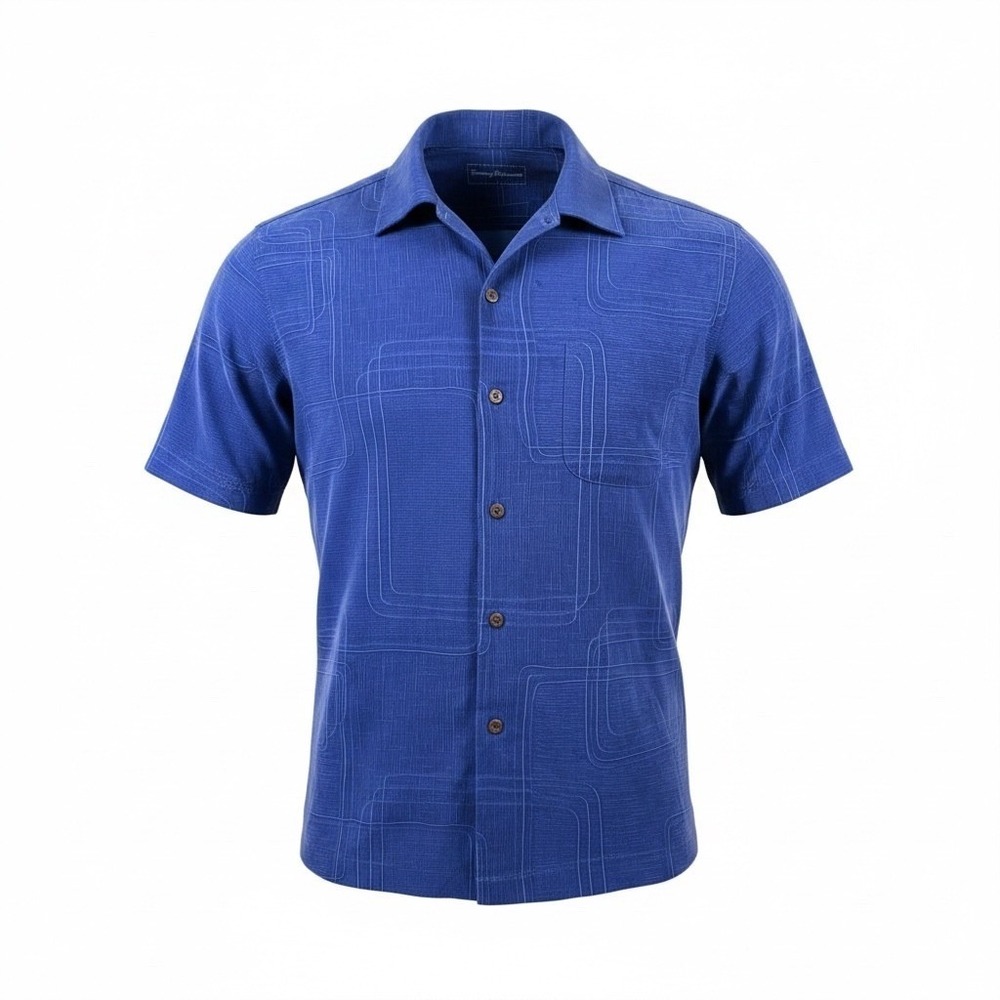 Tommy Bahama Button Up Mens Large Blue Island Geo 100% Silk Short Sleeve Shirt